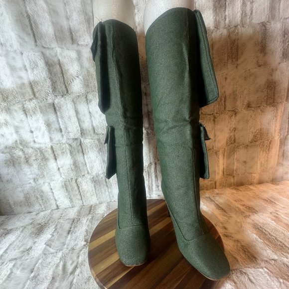 Unique Green Denim Heel Boots With 2 Pockets With Velcro Closures - Picture 5 of 9